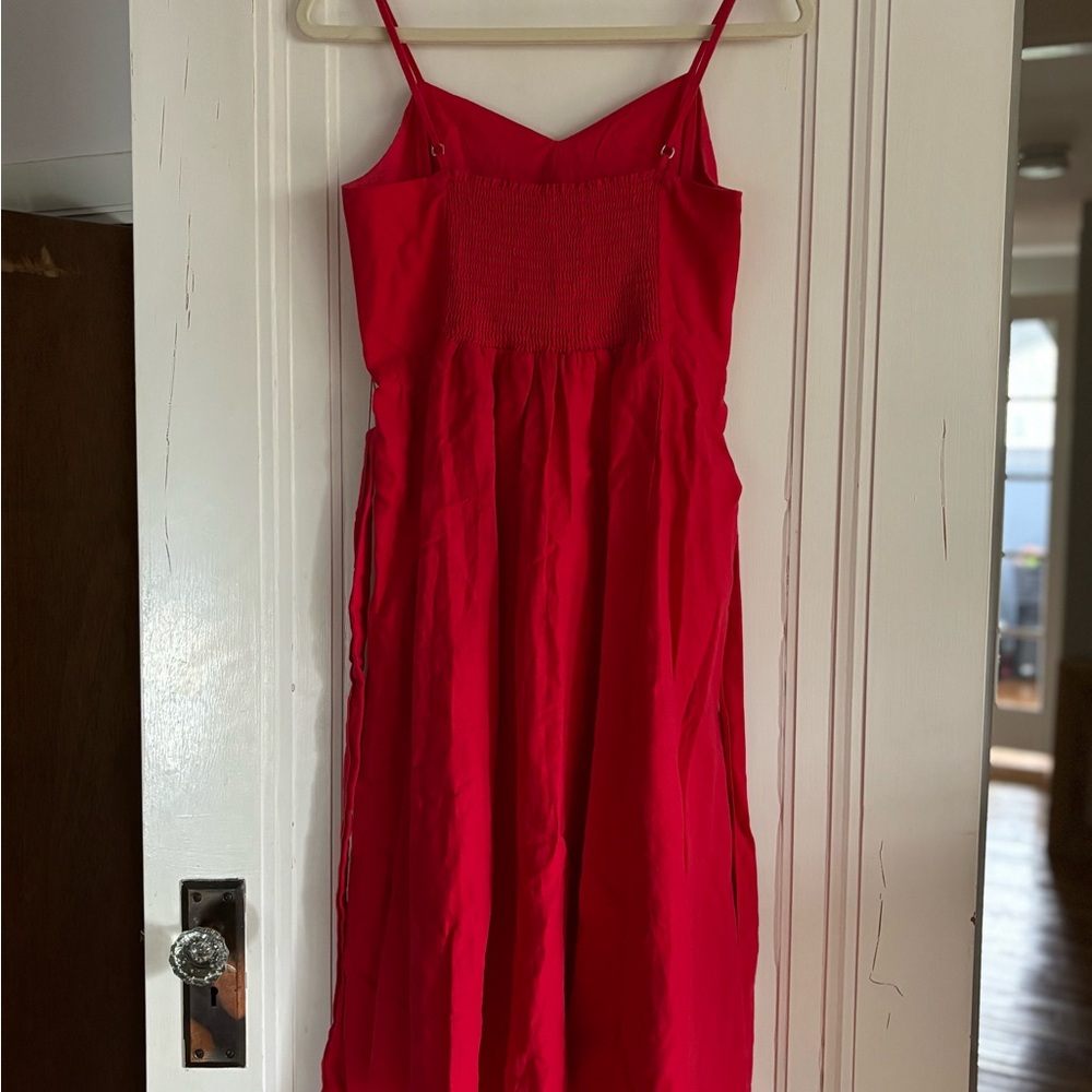Vibrant Tomato Red Linen Midi Dress